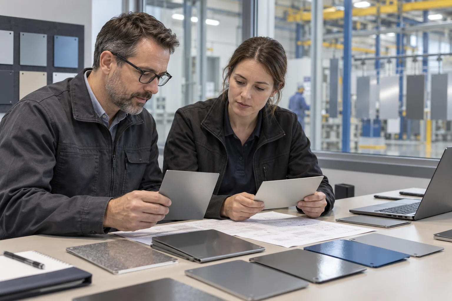 Quality engineers assessing coated steel samples alongside a technical specification