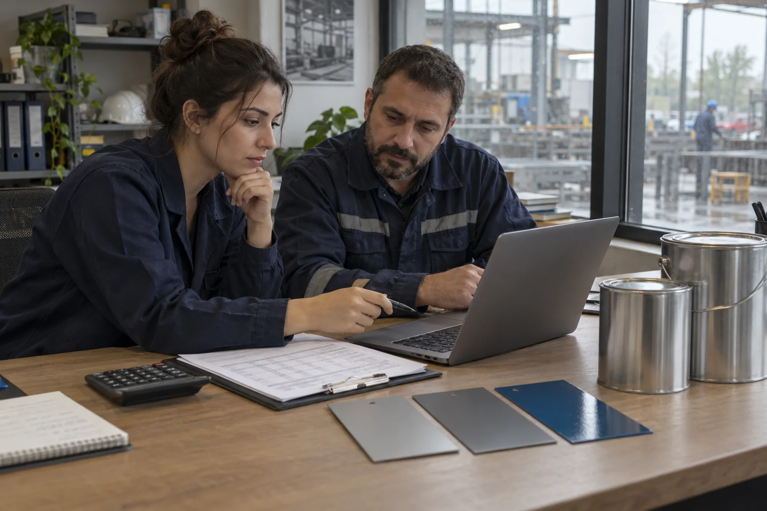 Purchasing and technical specialists comparing industrial paint quotations with coated samples; representative editorial image