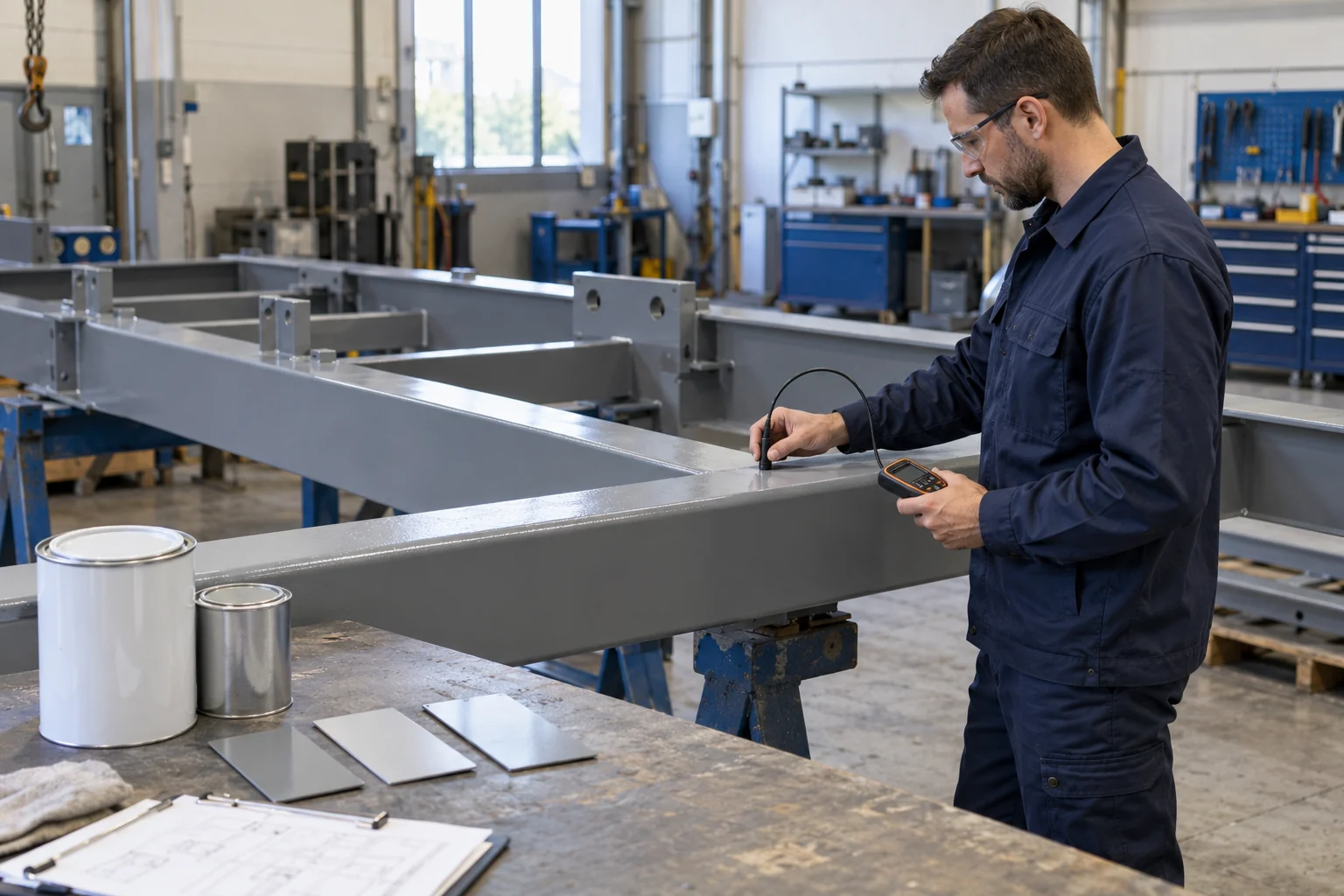 Specialist checking dry-film thickness on a painted steel machine frame; representative editorial image