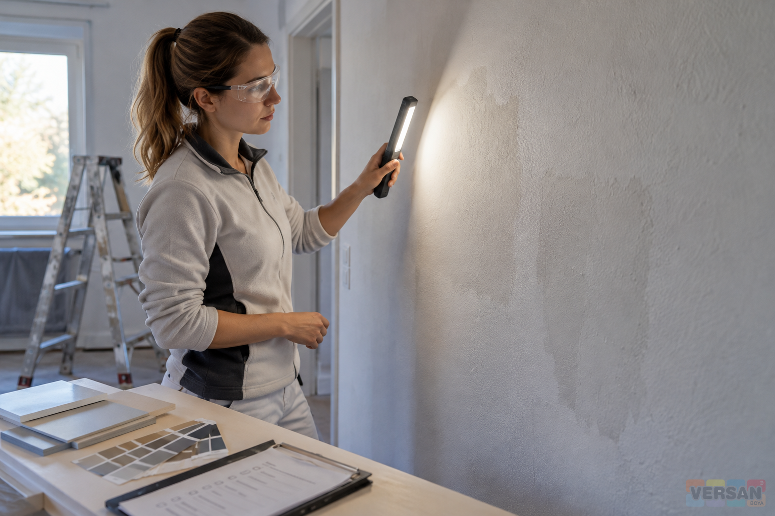 Professional wearing protective glasses examining wall samples with an LED light at a grazing angle