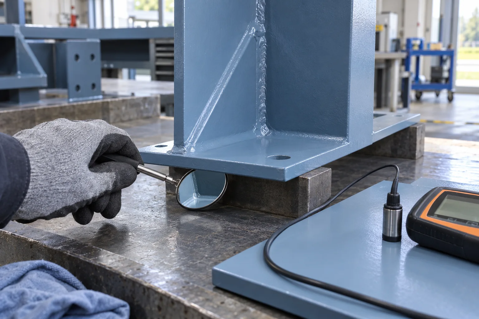 Inspector using a small mirror to examine the underside of a coated steel edge and welded connection