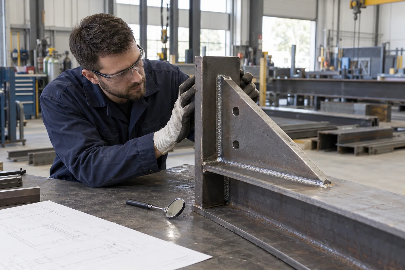 Quality inspector checking a prepared steel edge and welded connection before coating in a fabrication workshop