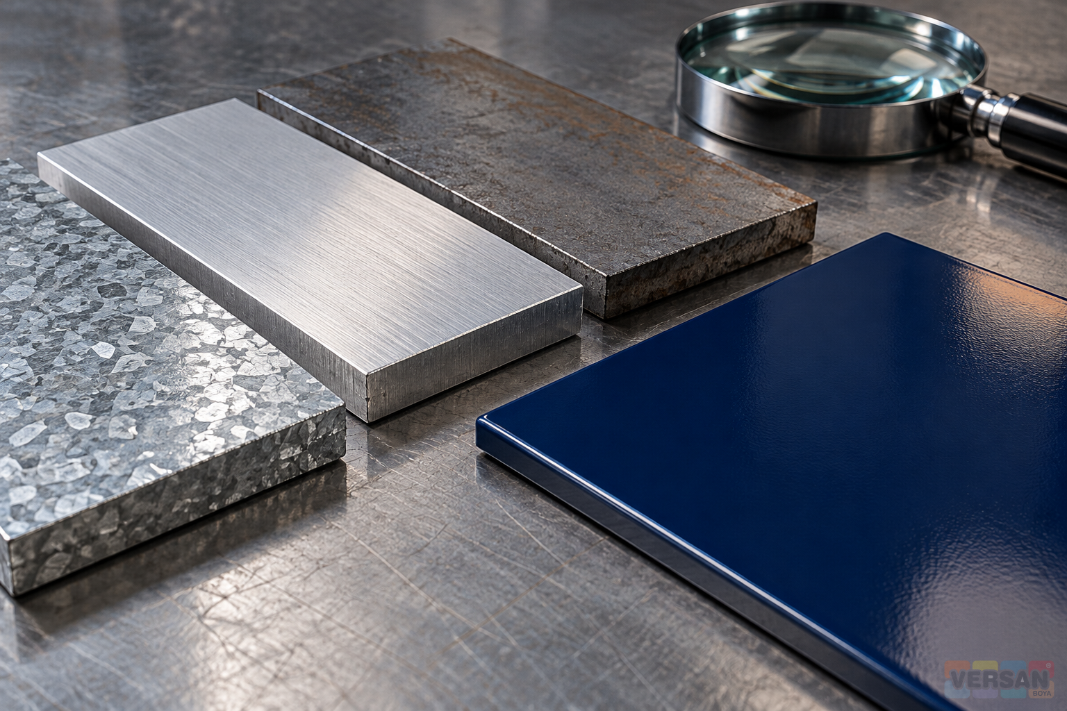 Farklı yüzey dokularına sahip metal numuneler yanında lacivert boyalı deneme levhası ve büyüteç