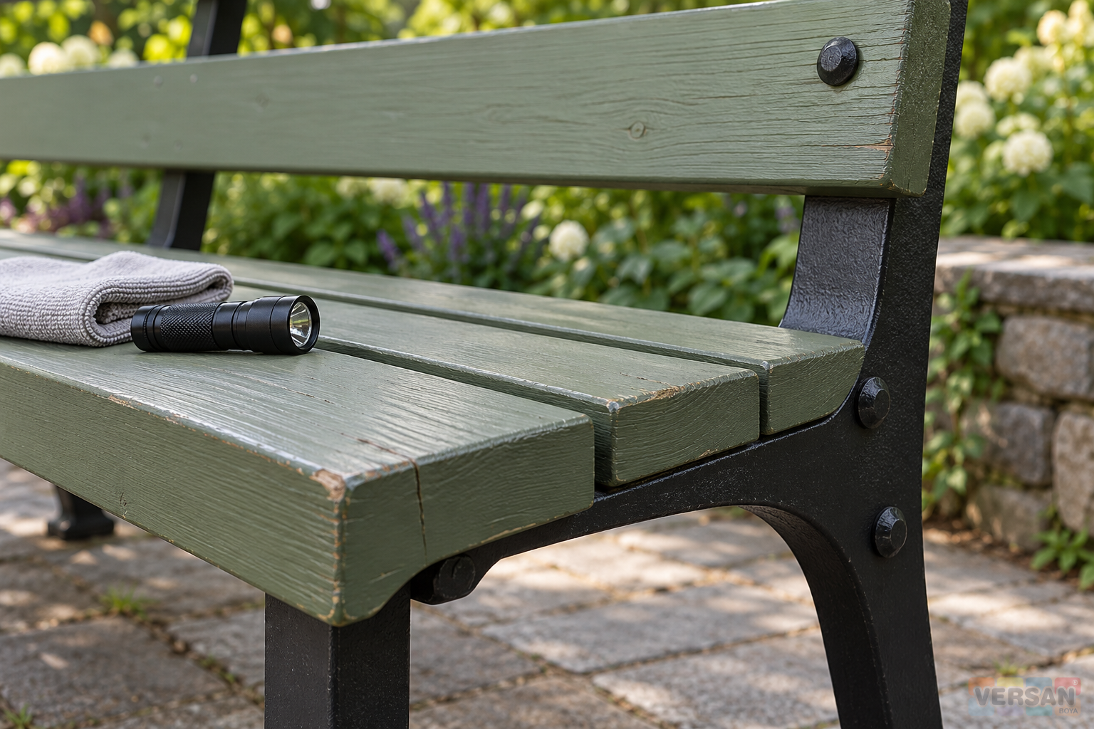 Worn edge and metal fixing on a green painted wooden bench beside a cloth and flashlight