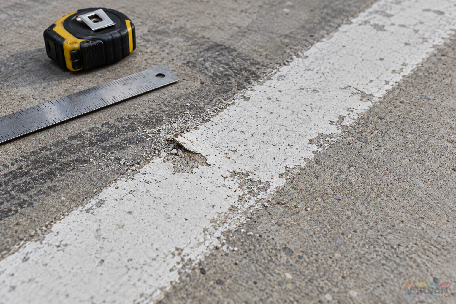 Worn white marking with a lifted paint edge beside a steel straightedge and closed tape measure on concrete