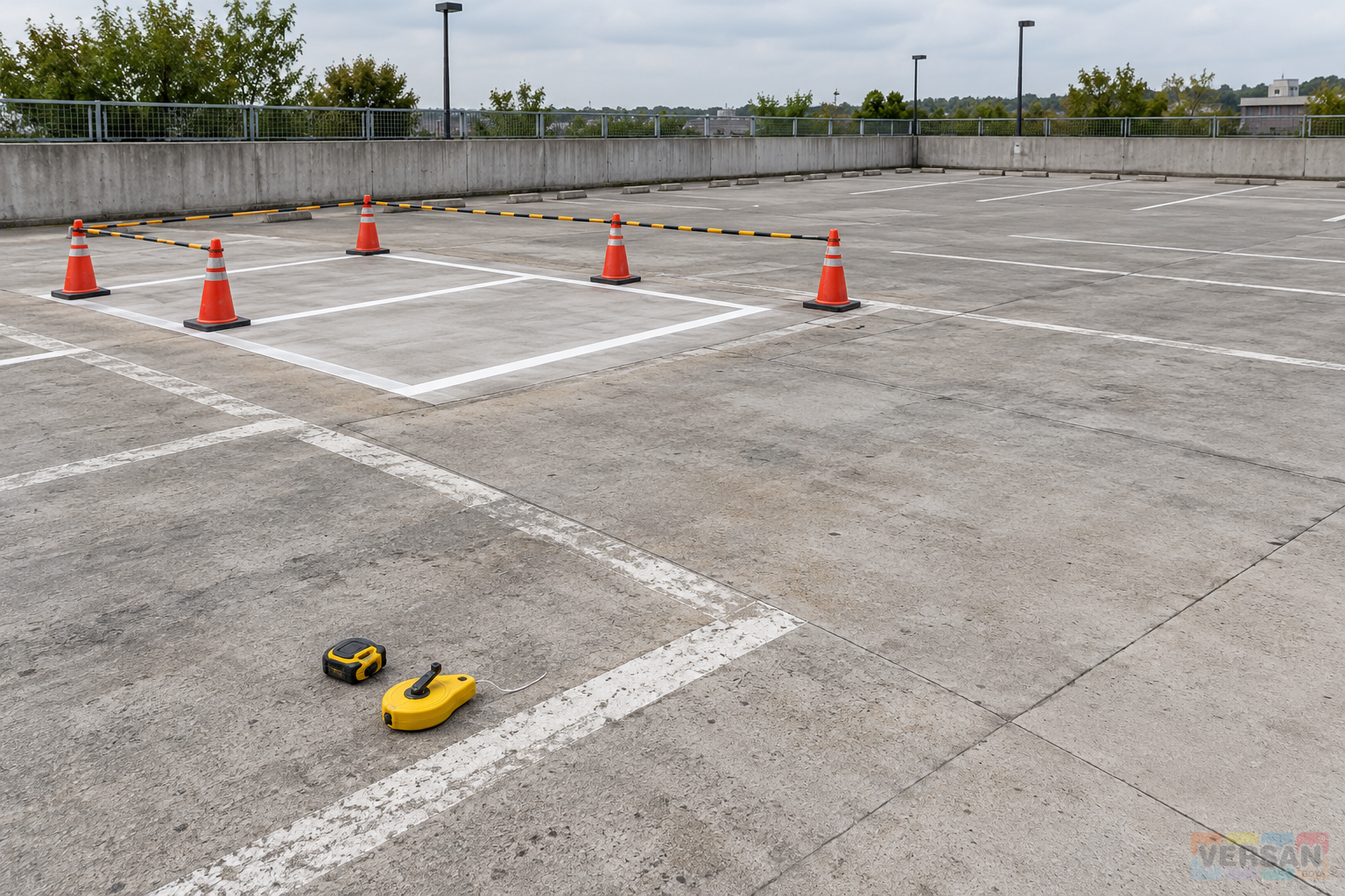 Concrete car park with worn white bay lines, a cone-separated renewal zone and measuring tools