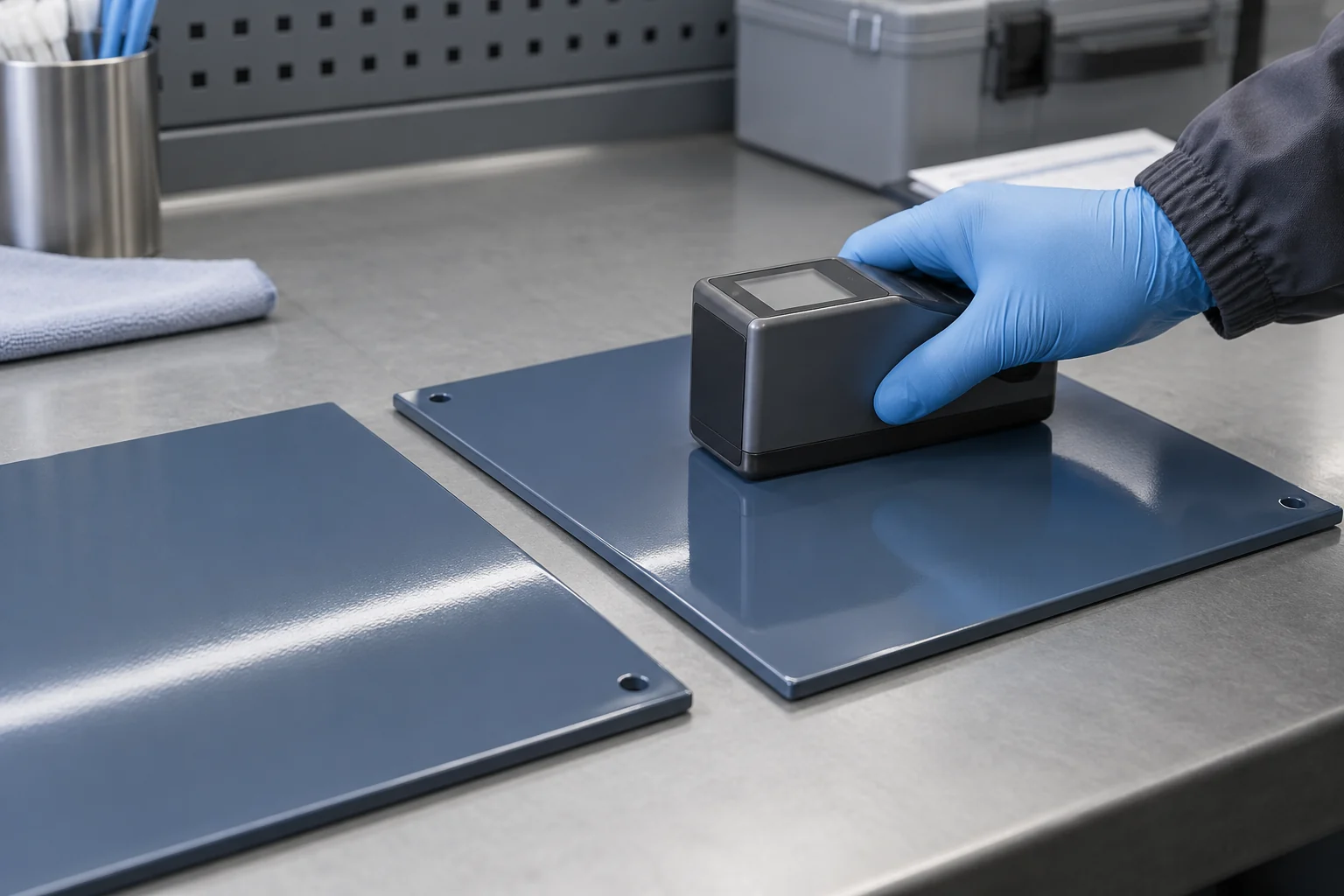 Representative glossmeter inspection on a cured blue-grey coated metal sample panel