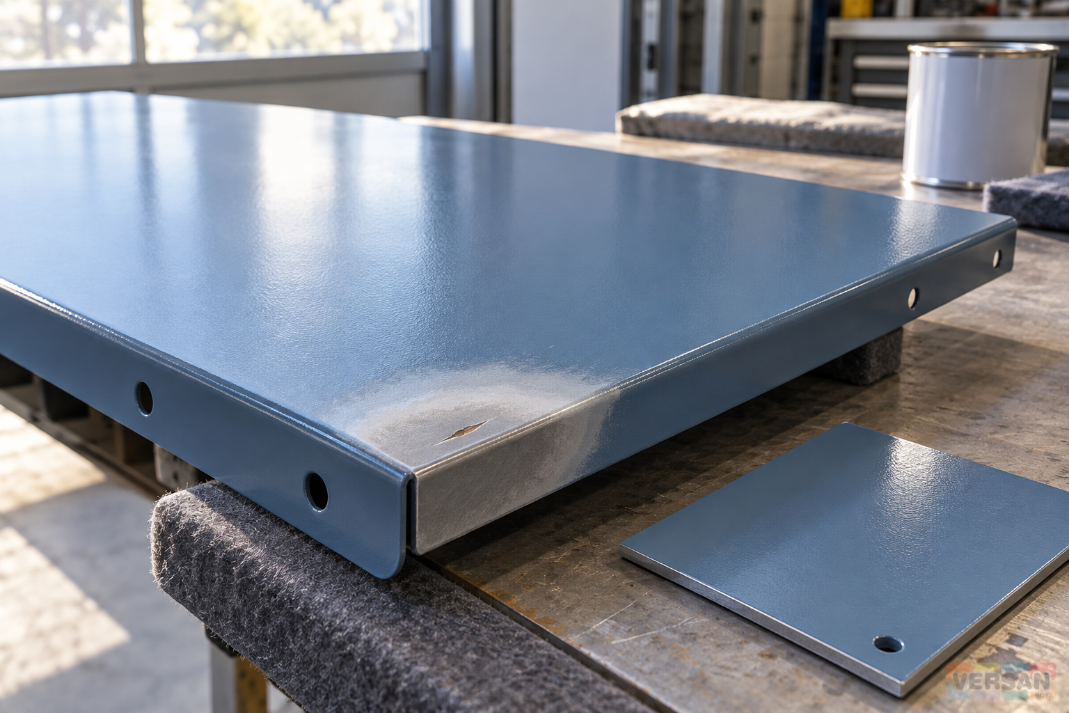 A small scratch and abraded repair boundary on a supported blue-grey coated metal panel