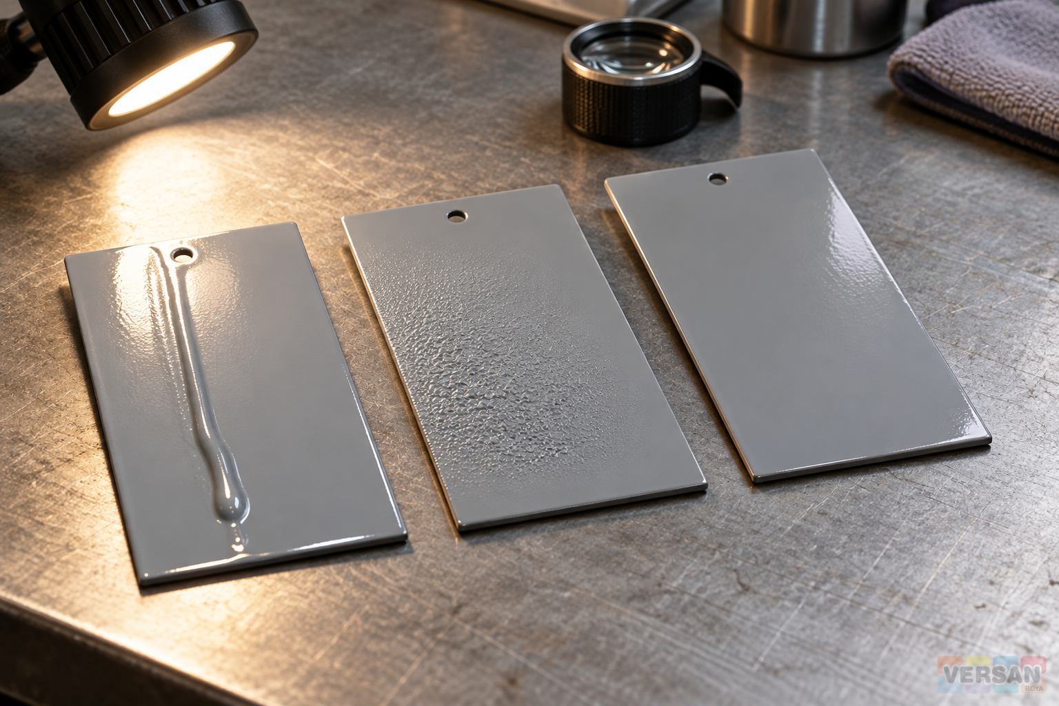 Close view of grey coated steel samples showing a sag, rough dry spray and an even continuous film