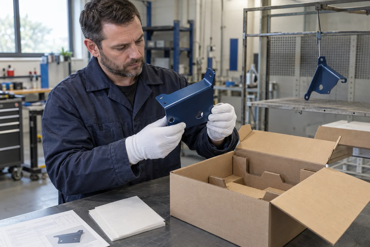 Technician checking a painted metal bracket and packaging supports in a dispatch trial; representative editorial image