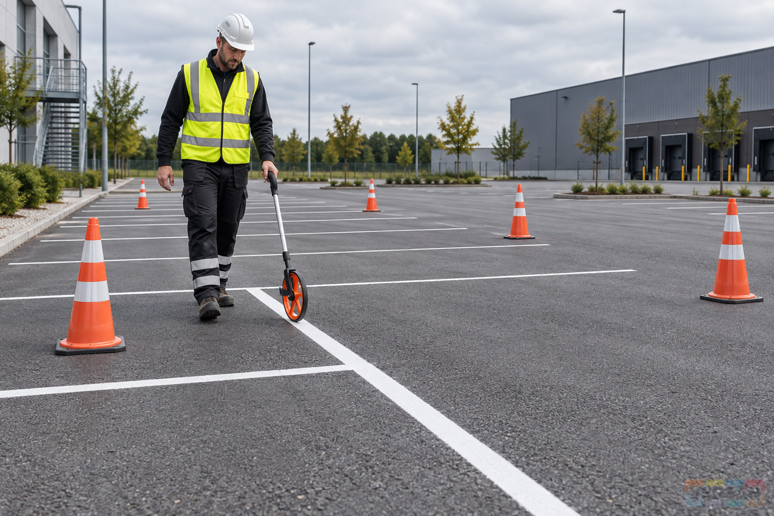 Boş otoparkta beyaz çizginin uzunluğunu ölçüm tekerleğiyle kontrol eden reflektörlü yelekli uzman