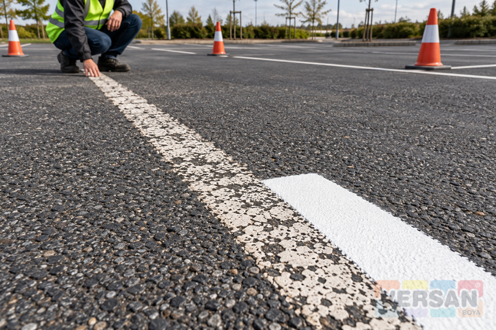 Trafiğe kapalı asfalt otoparkta aşınmış beyaz çizgi ve aynı doğrultuda yenilenmiş kısa deneme alanı