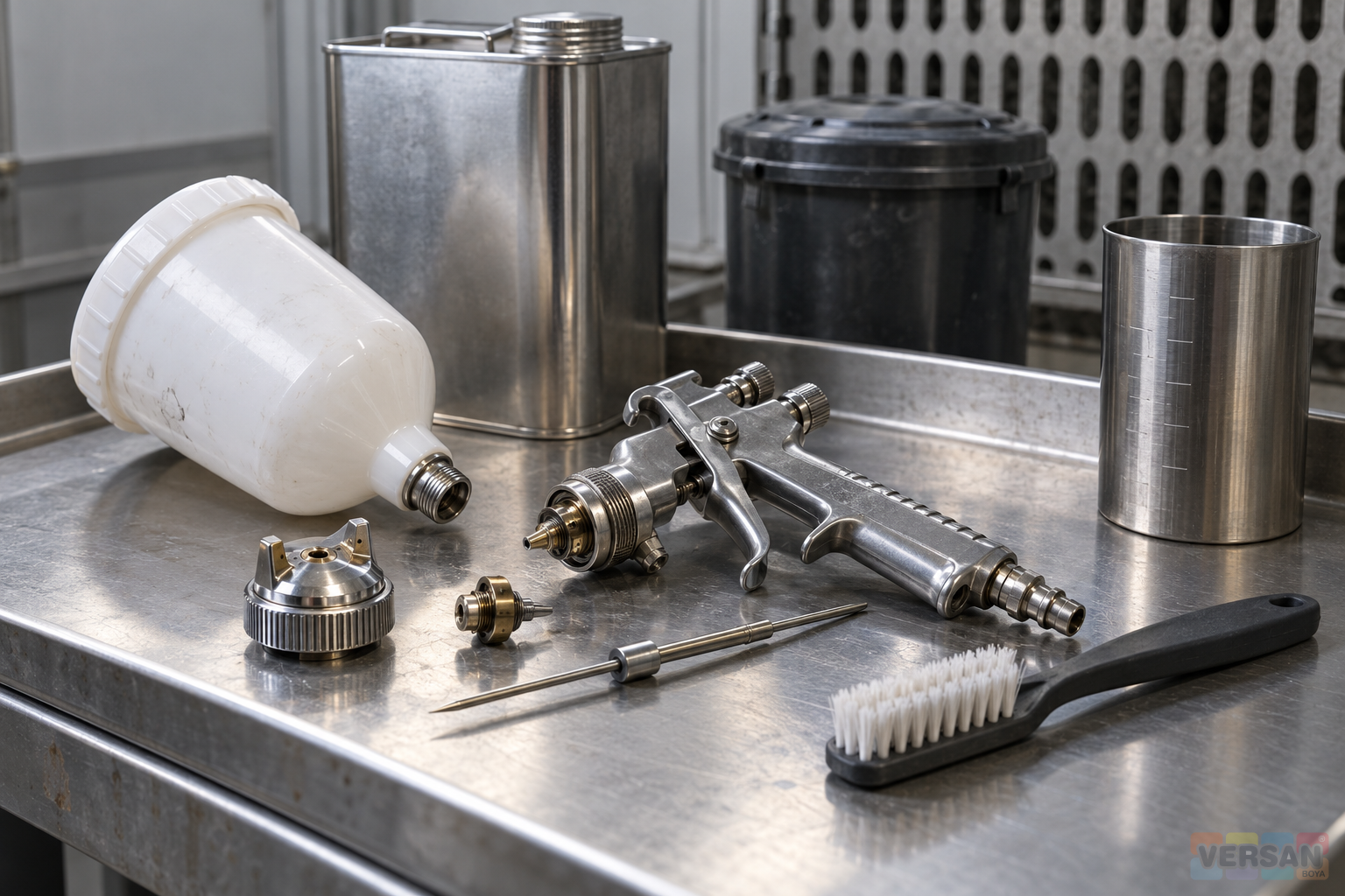 Spray gun components and cleaning brush arranged in a metal tray