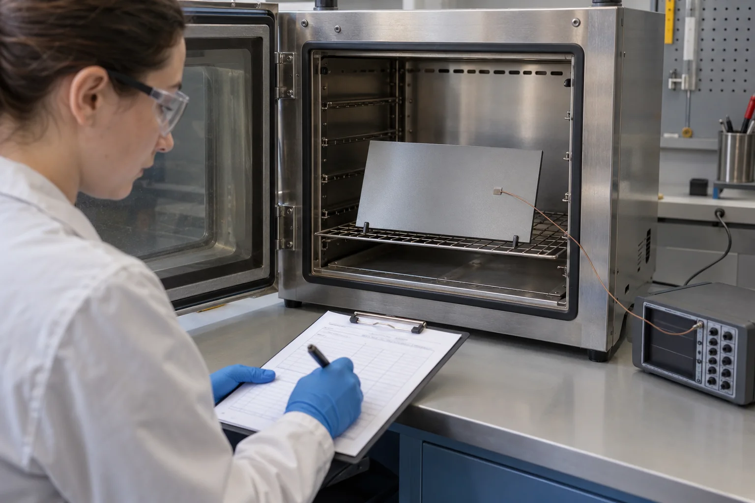 Coated steel test panel connected to a surface thermocouple and temperature logger in a coating laboratory