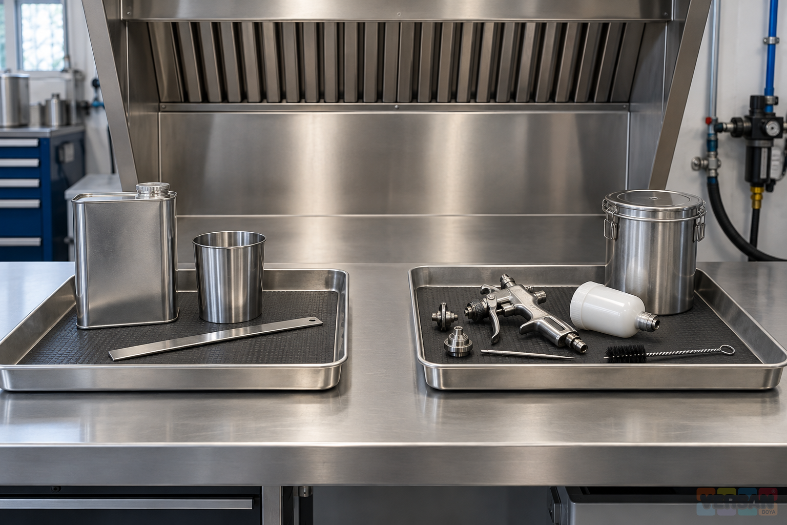 Separate metal containment trays holding a mixing vessel, closed containers and disassembled spray gun parts