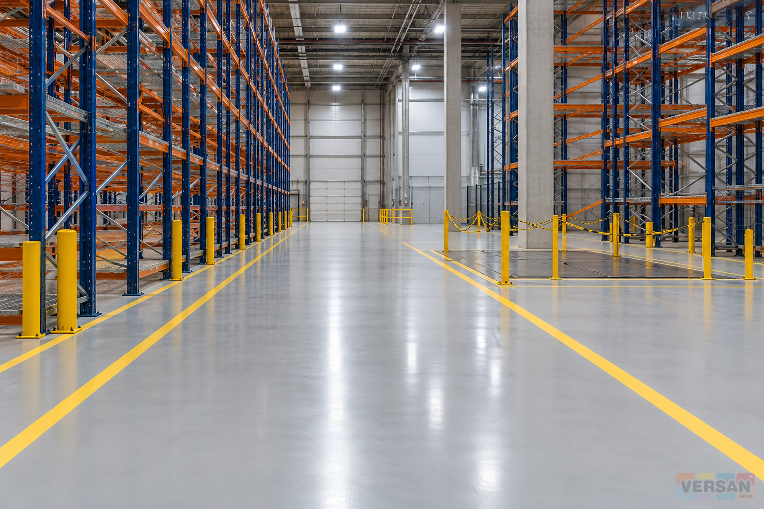 Grey coated warehouse floor with yellow access boundaries and a separated maintenance area
